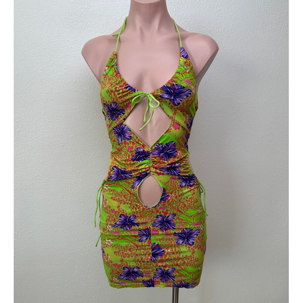 I AM GIA Green Floral Cutout Halter Keyhole Mini Dress Women’s S